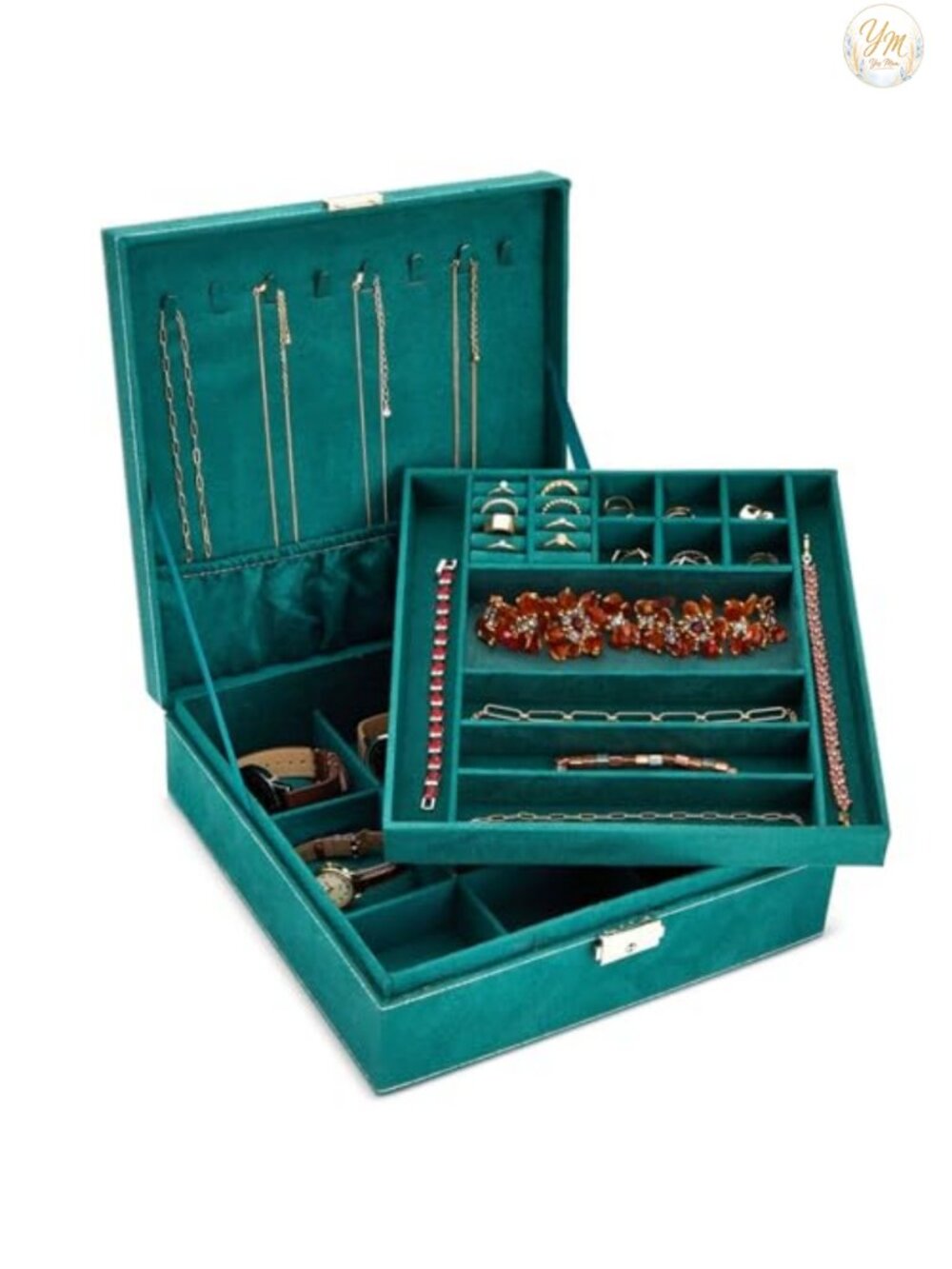 Velvet Jewelry Box Organizer Lockable 2-Tier Travel Case Removable Tray